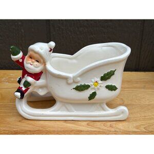 Vintage Relpo Christmas Santa Claus with Sleigh Candy Dish Planter Holly Decor